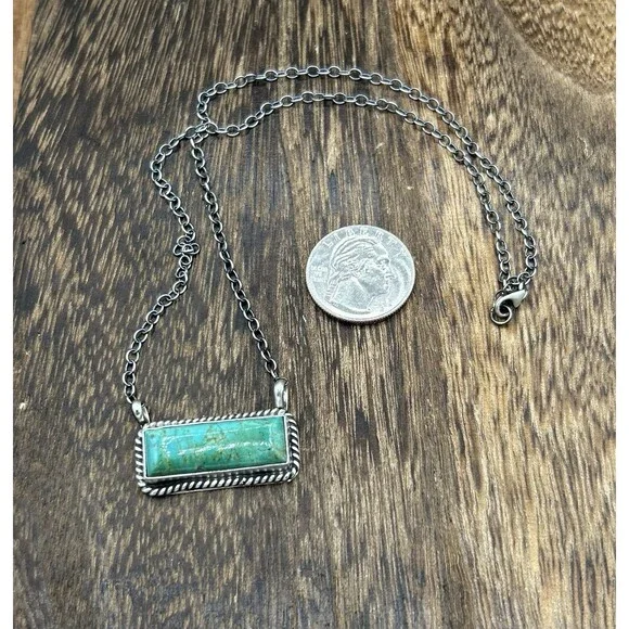 Navajo Handmade Sterling Silver Kingman Turquoise Bar Necklace 16” - Picture 2 of 3